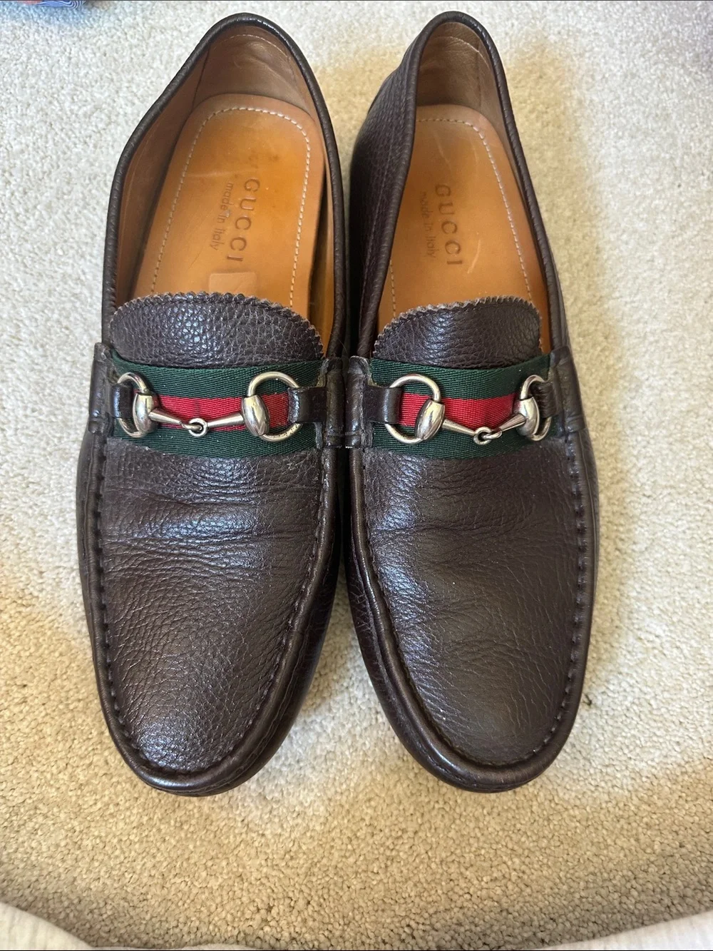 Gucci Brown Leather Horsebit Loafers with Green-Red Web